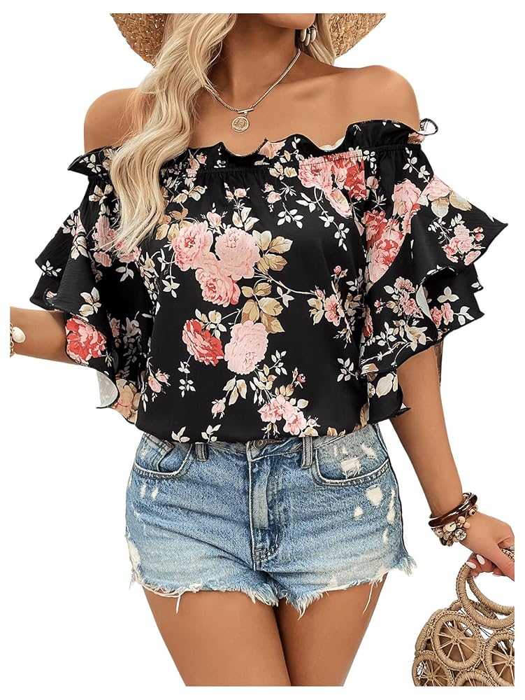 SOLY HUX Women's Floral Print Blouse Off Shoulder Ruffle